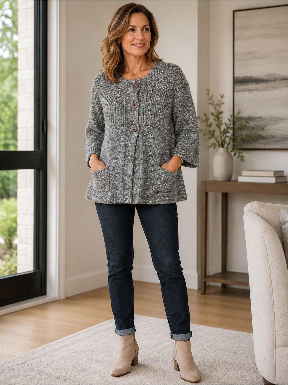 Carducci Gray Marled Chunky Knit Button Cardigan Sweater Size M/L